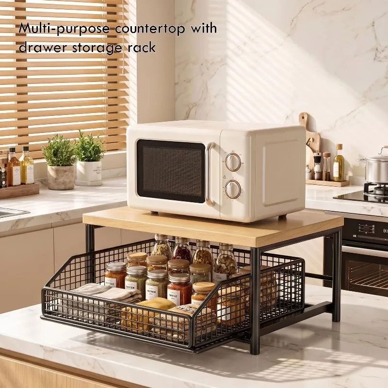 Pull-OutCountertopShelf-Multi-Function Drawer Organizer for Kitchen Appliances,Desktop Storage Rack with Printer Compatible Slot
