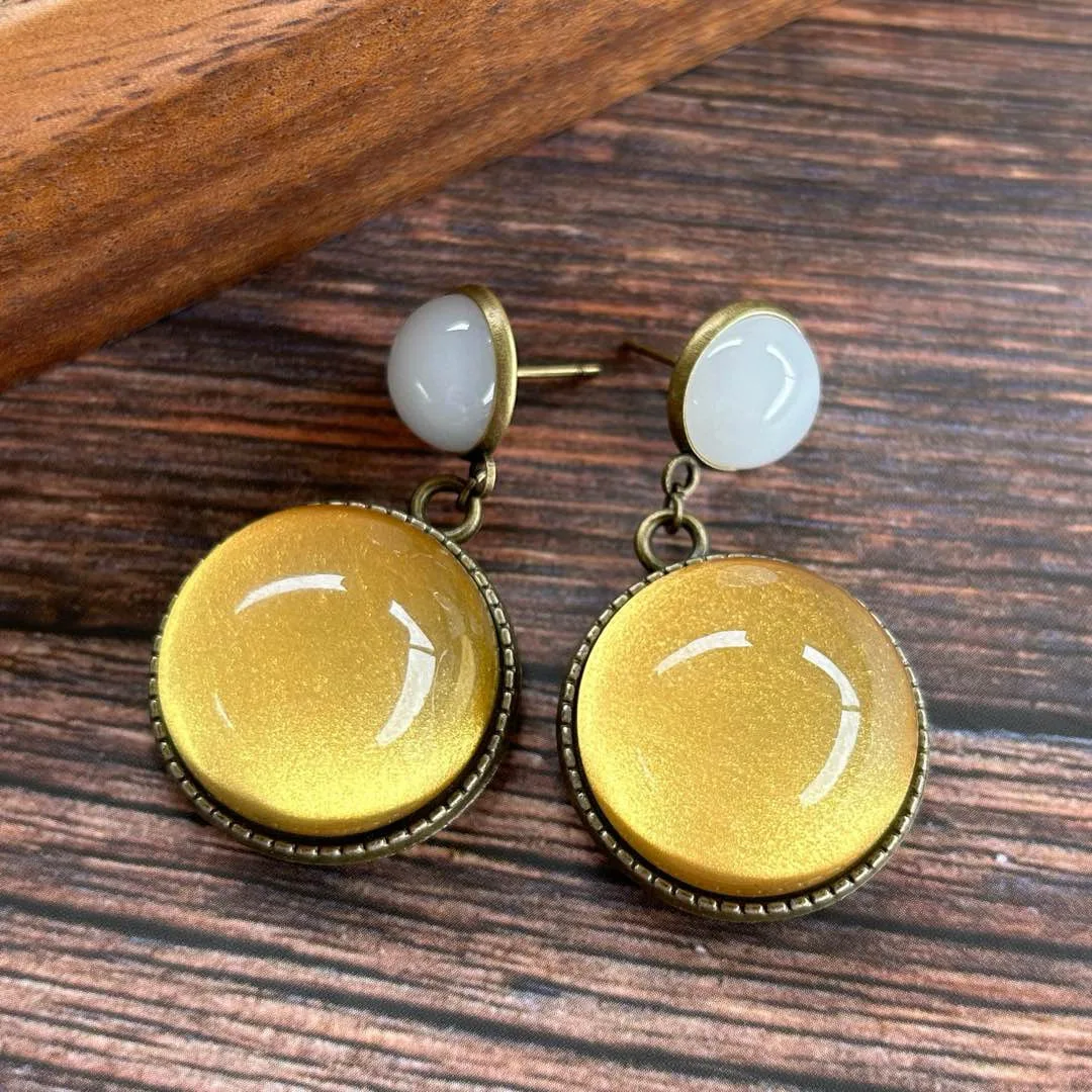Medieval vintage retro exaggerated earrings flower gold large glazed stud earrings large size 25mm earrings jewelry