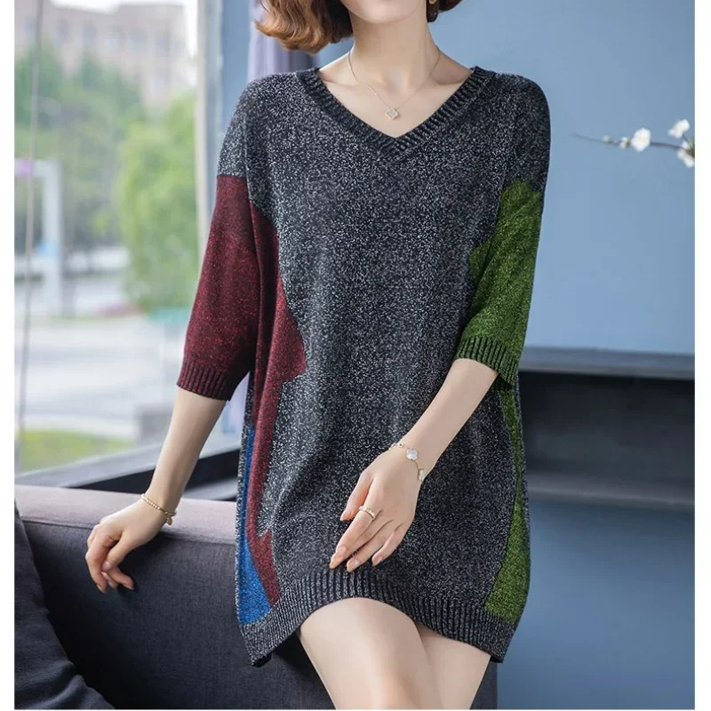 Women Clothing Casual Oversized Knitted T-shirt Spring Summer Tees Female Fashion 3/4 Sleeve V-neck Vintage Midi Contrast Tops