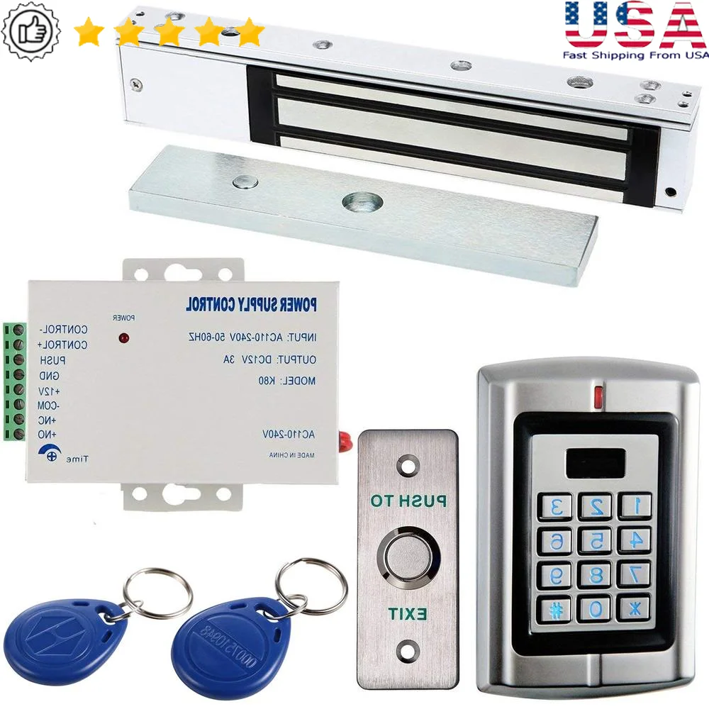 Access Control System Kit 125KHz Card PIN Door Entry System Magnetic Lock Key Fobs 2000 Users Capacity Waterproof Backlit