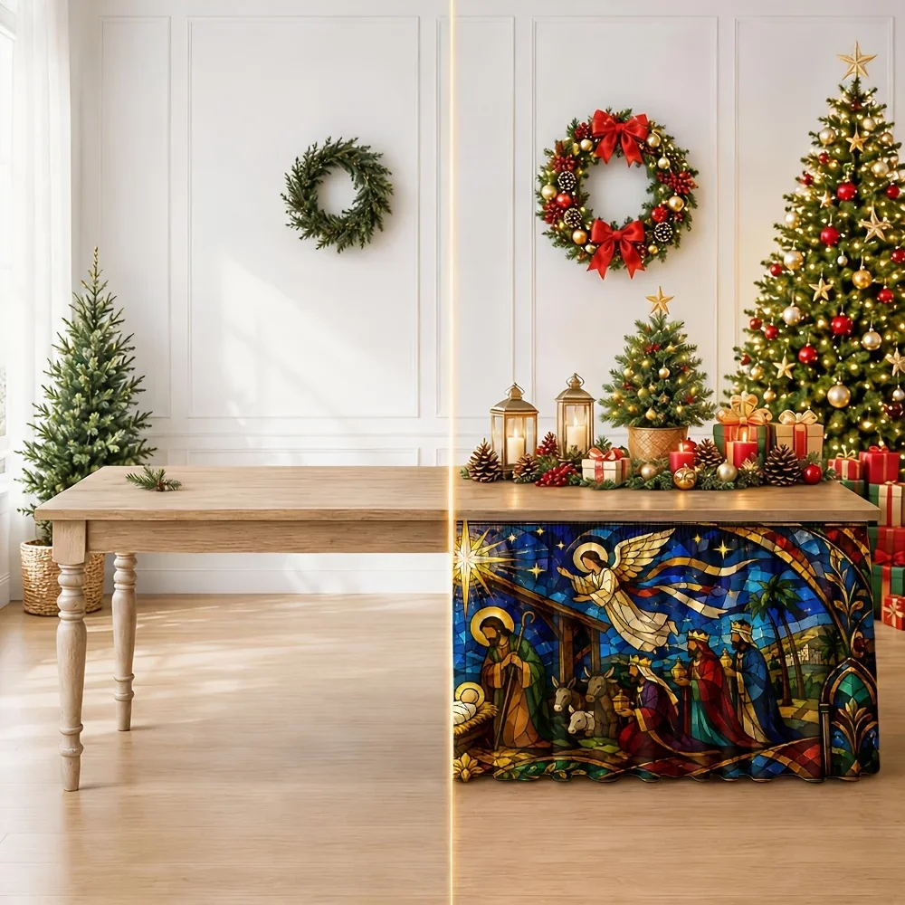 1 tablecloth, polyester, Christmas Nativity scene in color glass style, suitable for church events