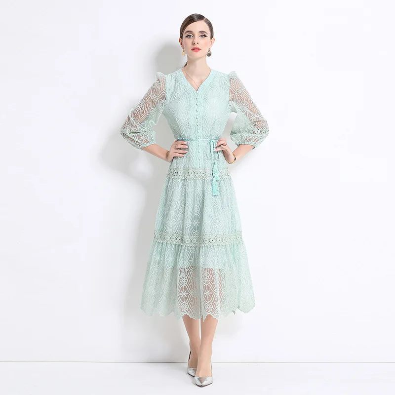 우아한 레이스 브이넥 랜턴 소매 드레스 여성용 단추 슬림핏 미디 드레스 여름 두꺼운 바람막이 스타일 중국산