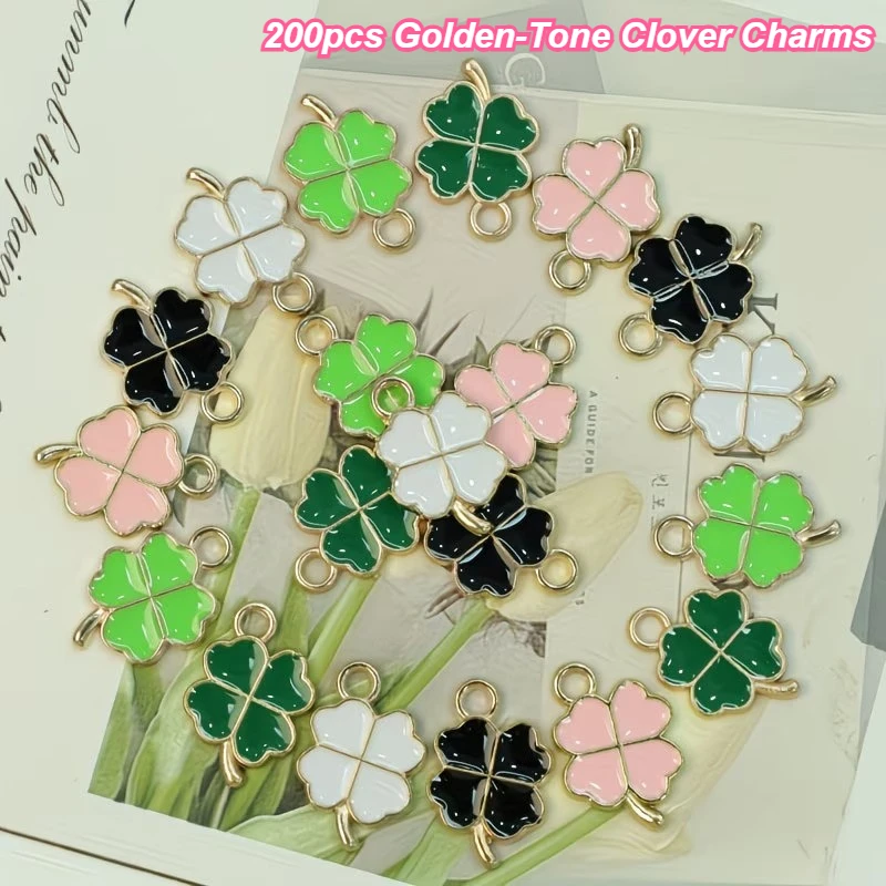 200 Golden-Tone Clover Charms with Glossy Green Enamel Four-Leaf Good Luck Pendants for Necklace Earring Bracelet Jewelry Making