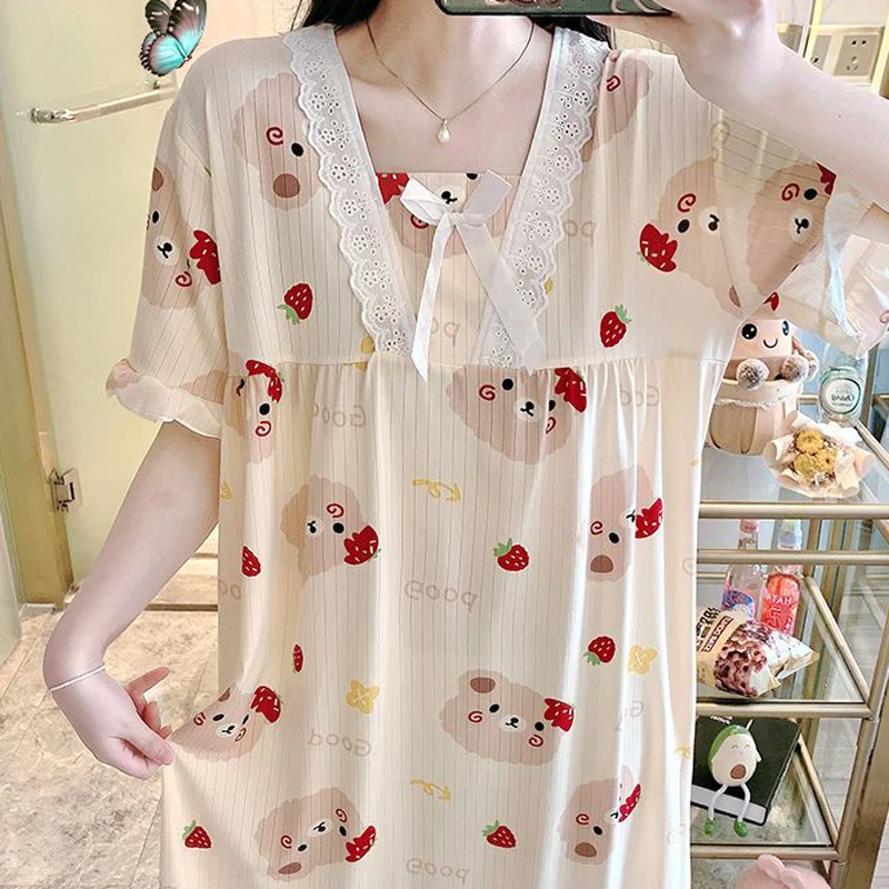 Large Size 6XL 150kg Summer Women Short Sleeve Nightgown Floral Nightgowns Cartoon Dress Home Wear sleep wear