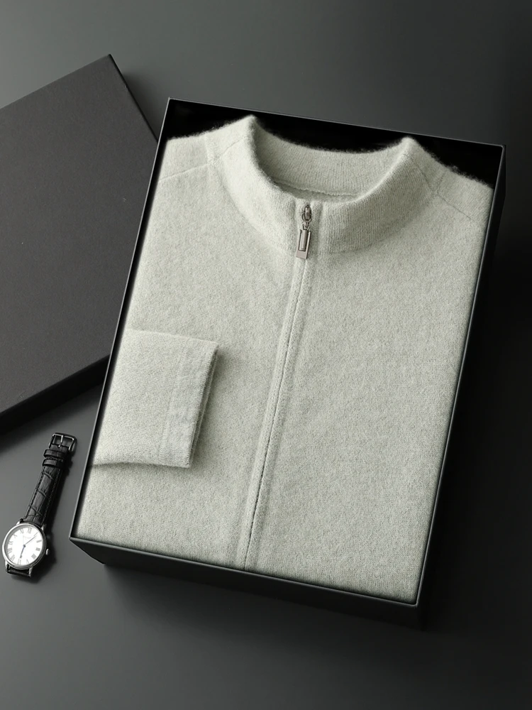 

2025 New Chic Basics Cardigan Autumn Winter Men's 100% Cashmere Sweater Solid Color Business Clothing Thick Zipper Knitting Tops