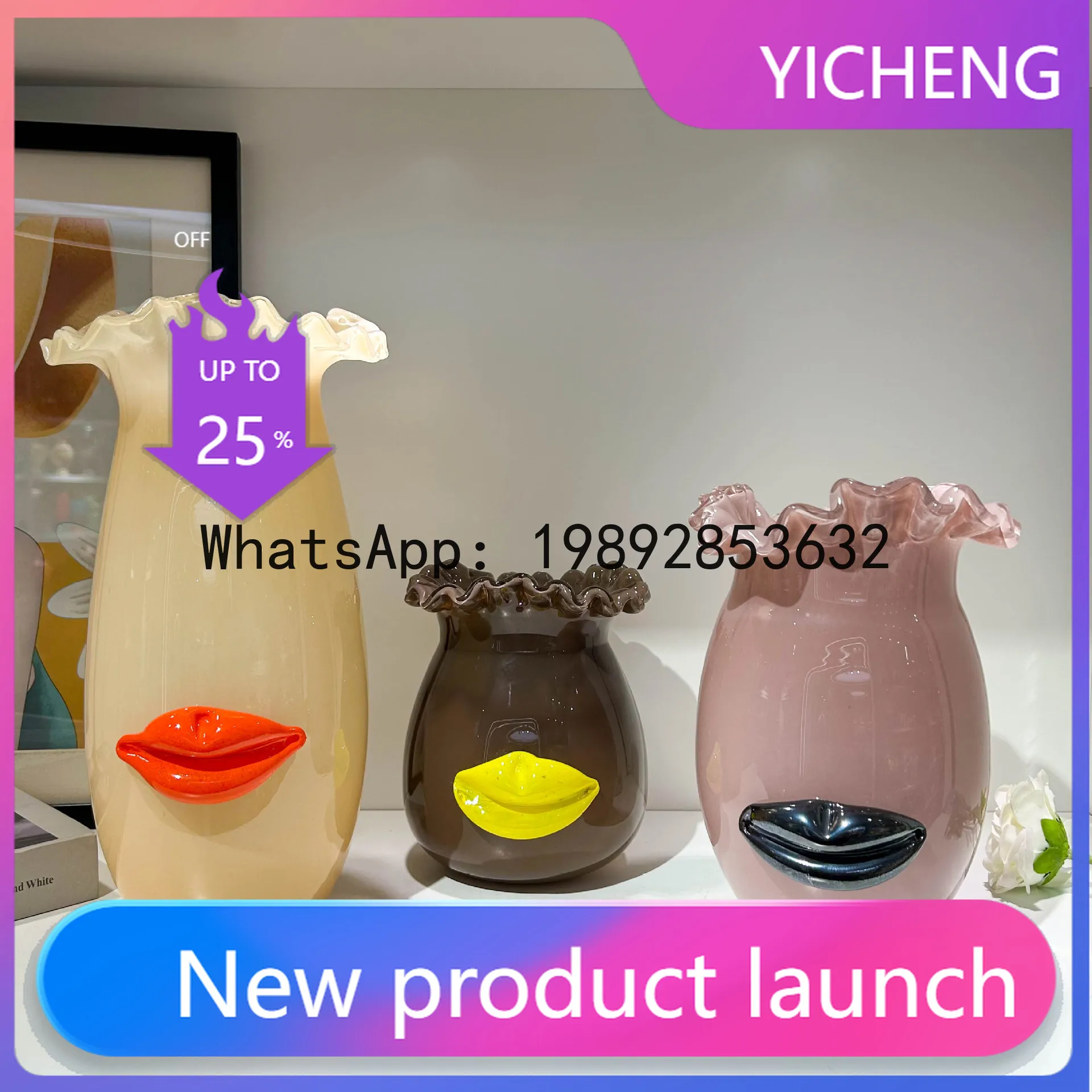 

Creative Lip Glass Vase Pleated Petals Abstract Red Lips Terrarium Flowerpot Hydroponics Flower Vase Home Decoration Accessories