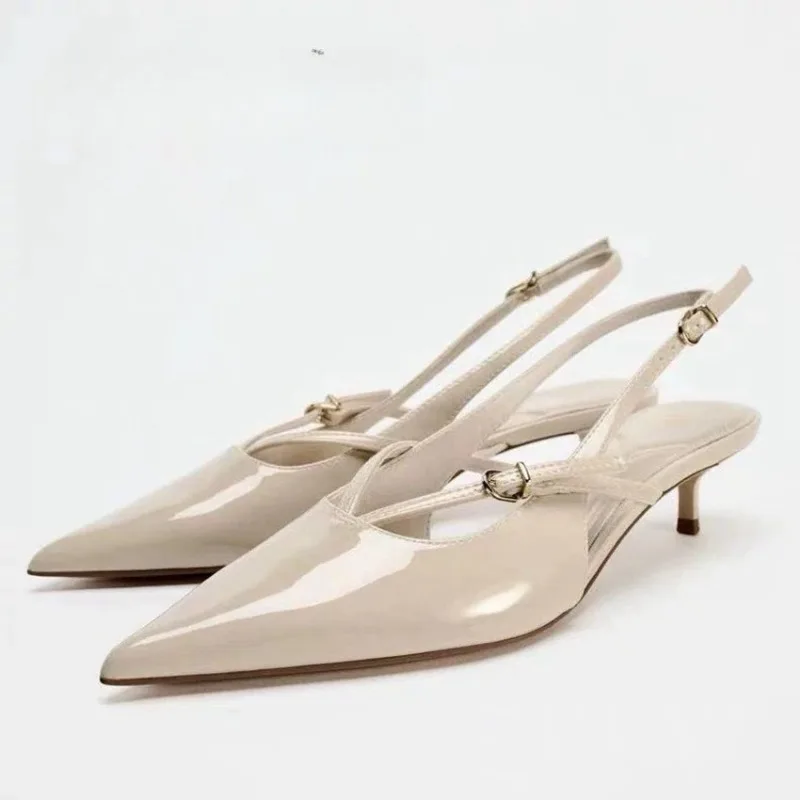 

Elegant Women Med Heeled Shoes Sexy Pointed Toe Slingbacks 2026 Summer Stilettos Brand Designer Bridal Office Ladies Sandals