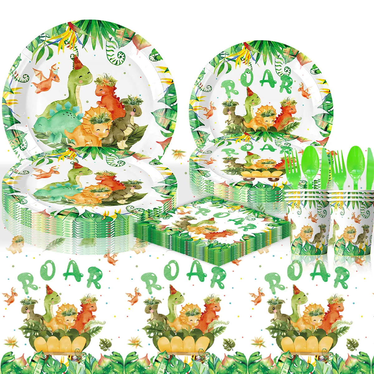 Green Theme Dinosaur Disposable Tableware Birthday Jungle Party Supplies Decor Kids Happy Birthday Cup Tablecloth Plate Ballon