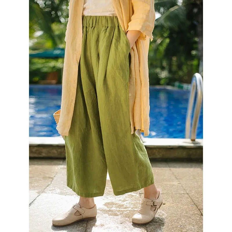 

2023 Spring Summer Arts Style Women Elastic Waist Loose Ankle-length Pants All-matched Casual cotton linen Wide Leg Pants C832