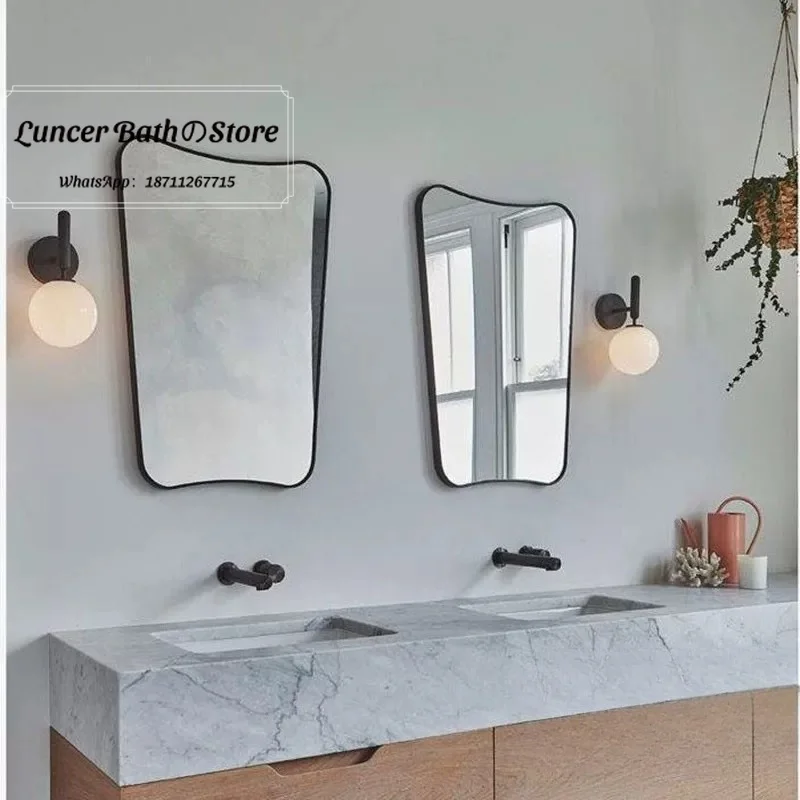 French Vintage Wall Mounted Bathroom Mirror, American MCM Irregular Smart Anti Fog Makeup Vanity Mirror for Toilet