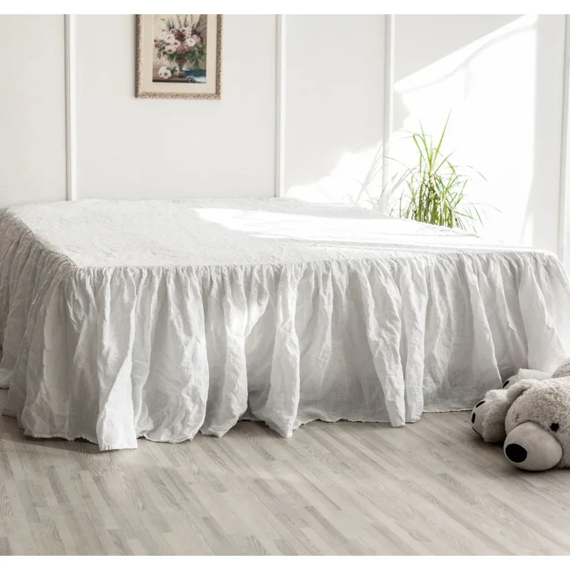 Ins Style Linen Bed Skirt 100% Single Piece Plain Color Ruffled Edge Scallop Mattress Cover Flouncing Bed Skirt for Home Decor
