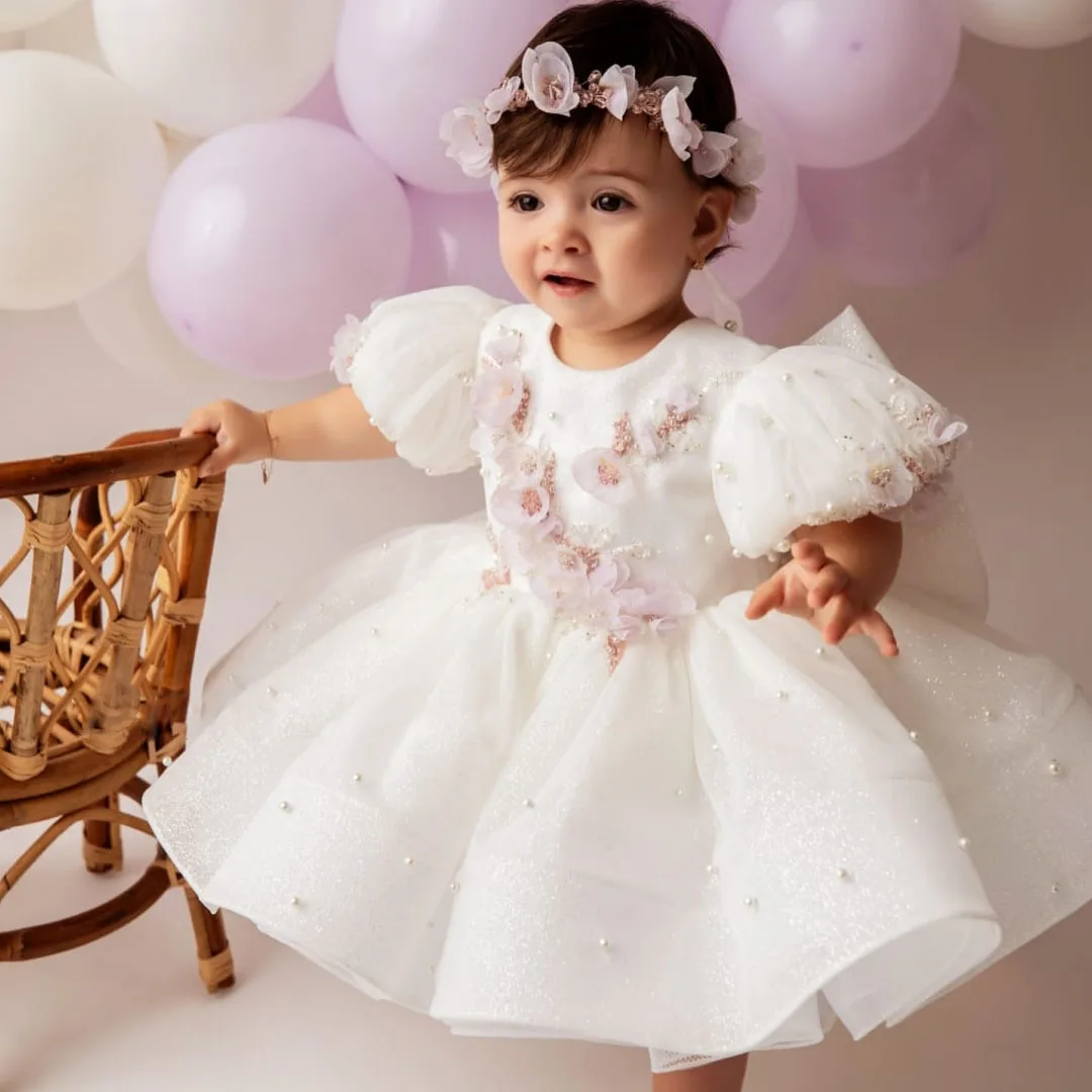 

Customized Flower Girl Dress White Floral Appliques With Bow Short Sleeve For Wedding Birthday Party Banquet Holy Communion Gown