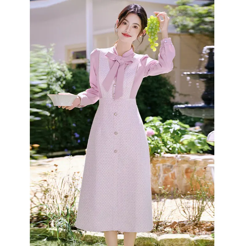

Ladies' pink purple coarse tweed fake two piece dress 2025 new spring and autumn small fragrant style retro dress