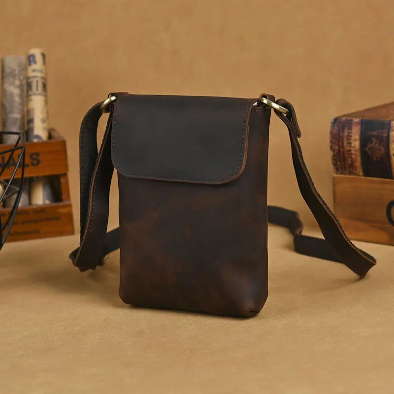 

Mini Crossbody Phone Bag Retro Casual Purse Single Shoulder Pouch Genuine Cowhide Leather Large Screen Phone Storage Bag