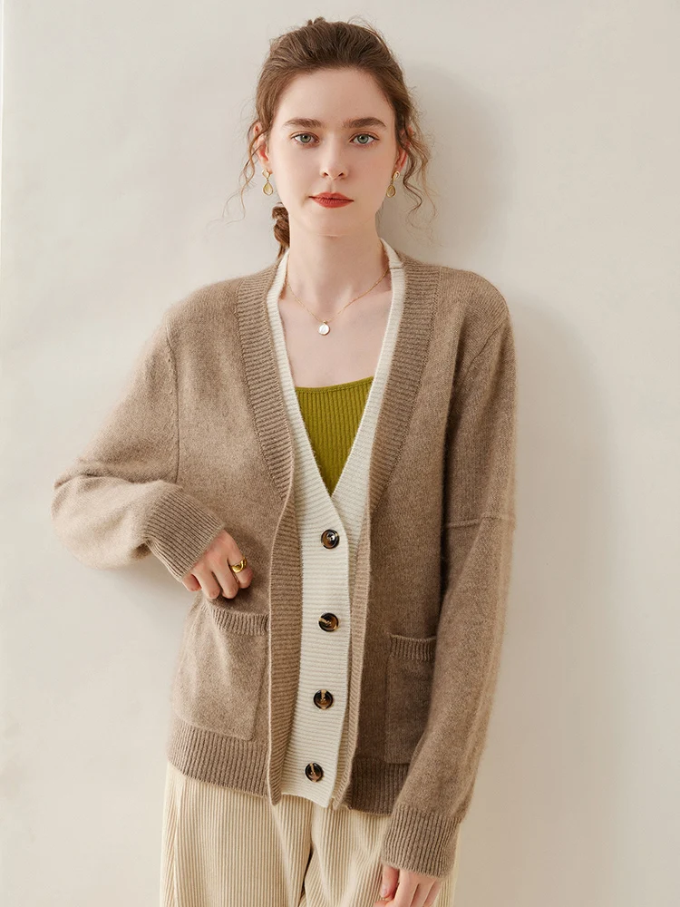 Choice 100% Cashmere Women's Cardigan V-neck Long Sleeve Sweater Casual Knitted Coat Autumn Winter Thickened Female Clothes Top