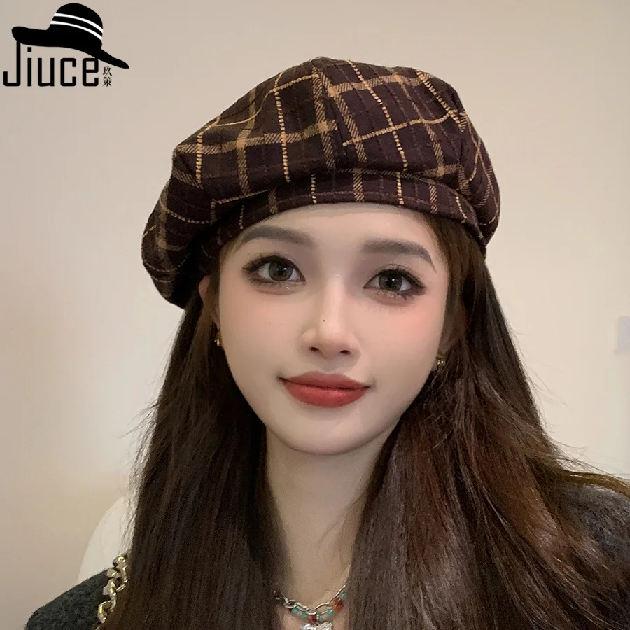 

British Vintage Plaid Beret Hat Autumn Winter Painter Cap Lady Woolen Bud Men Women Outdoor Fashion M539