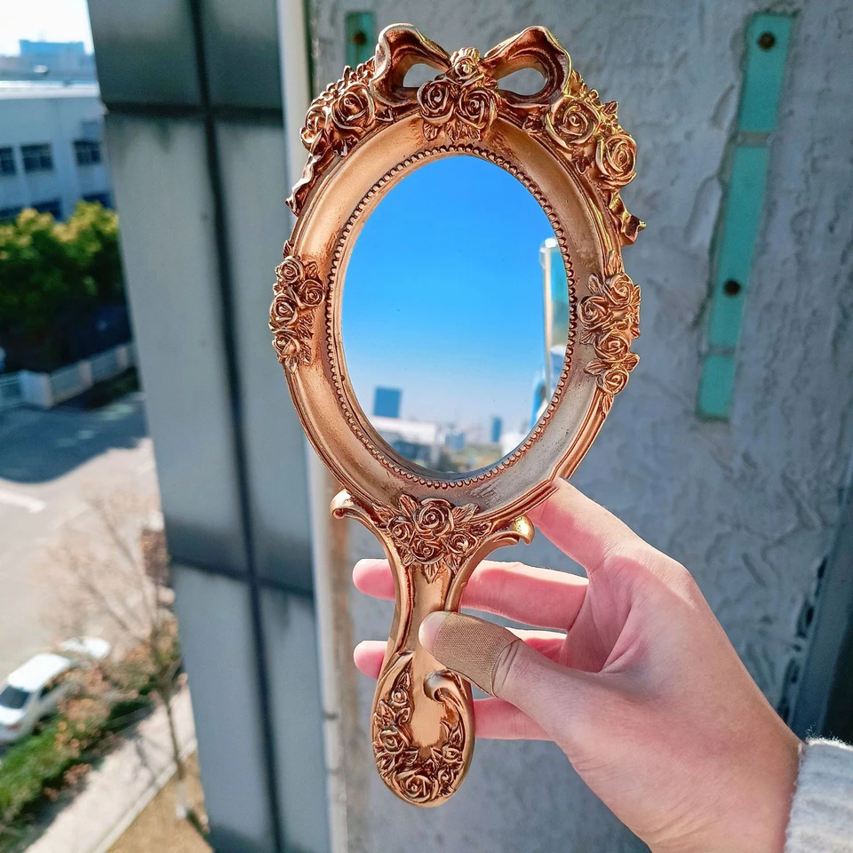 Wooden Vintage Makeup Mirror Gold Pink White