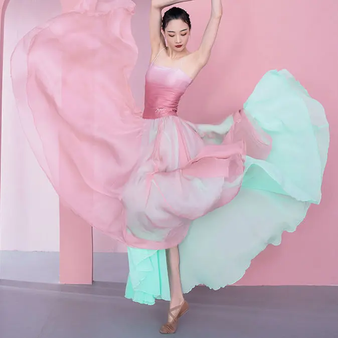 720 Classical Dance Dress, Female Xia Xian Qi Flowing Large Swing Skirt, Modern Chinese Ethnic Dance Double layered Practice Ski