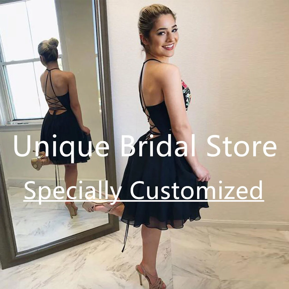 فساتين قصيرة لحفلات العودة للوطن رسن الرقبة متقاطع الأشرطة بلا أكمام زين الطية الأورجانزا فستان قصير عالي الجودة حسب الطلب