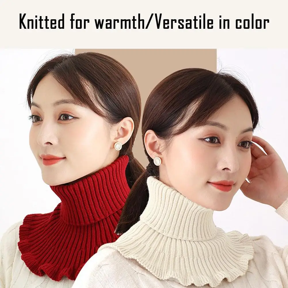 Dzianinowy wełniany sztuczny kołnierz, sztuczny szal na szyję - miękki, gruby i ciepły, z eleganckim wykończeniem z falbanką dla kobiet na zimę, chroniący przed wiatrem S5T1