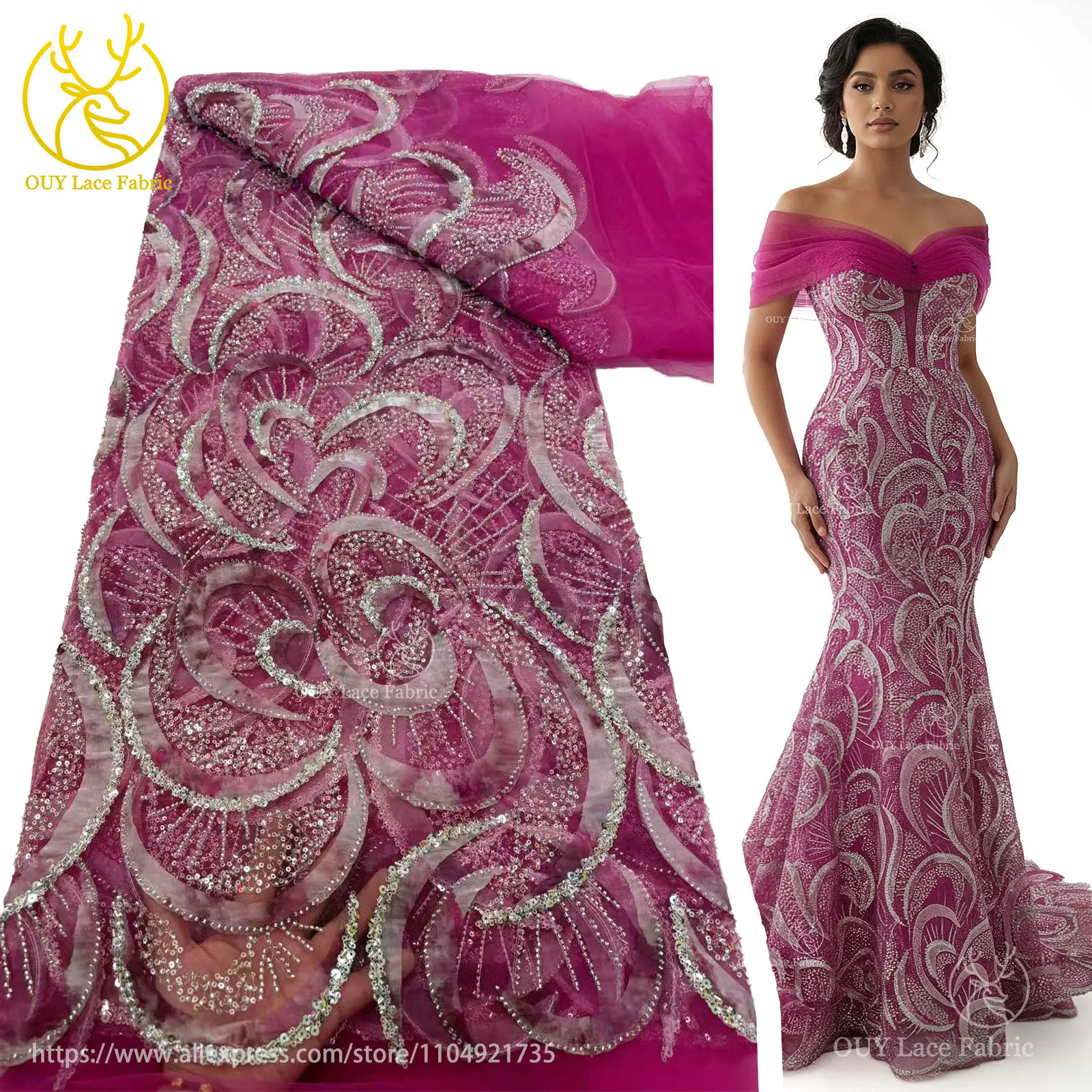 

Latest African Beaded Lace Fabric 2026 High-Quality Pink Sequined Lace Fabric Nigerian Lace Fabric Women's Wedding Dress Fabric