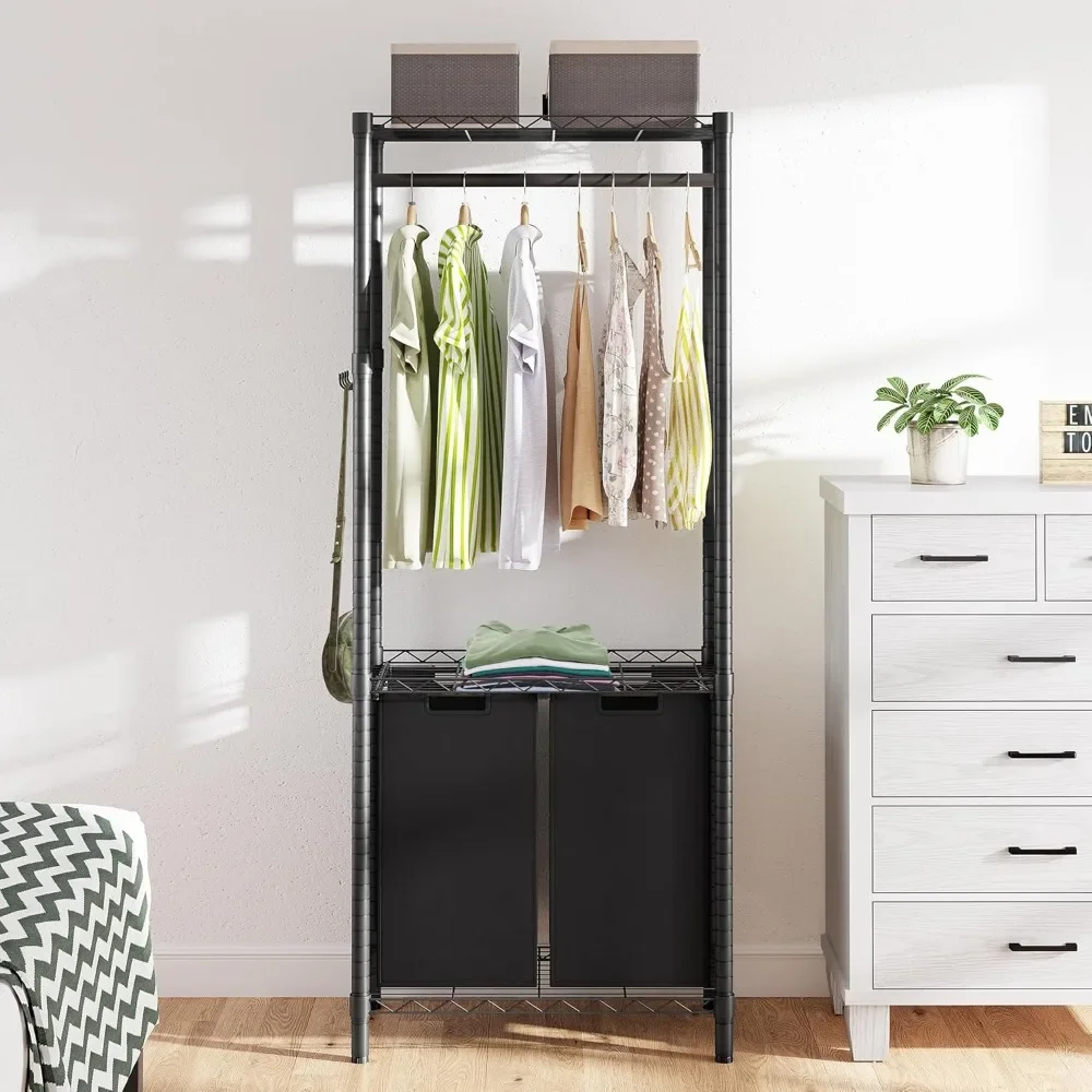 

Heavy Duty Clothes Rack for Hanging Clothes Capacity with Laundry Sorter 2 Section, Bedroom Clothing Rack Freestanding