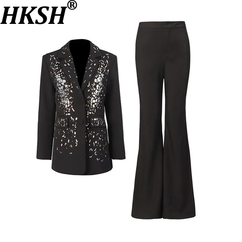 HKSH Women Two-piece Set Sequined Single Breasted Office Lady Blazer Elegant Solid Color Flare Pants Ins Suit New Spring HK11553