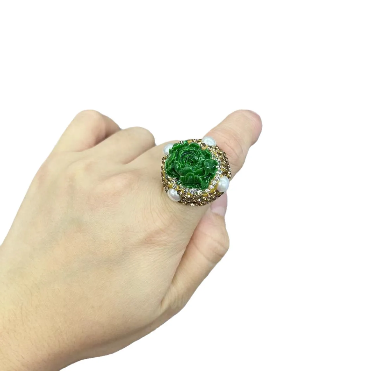 Live stream new products emerald jewelry shell powder press hand-carved peony flower jewelry pin pendant earrings rings