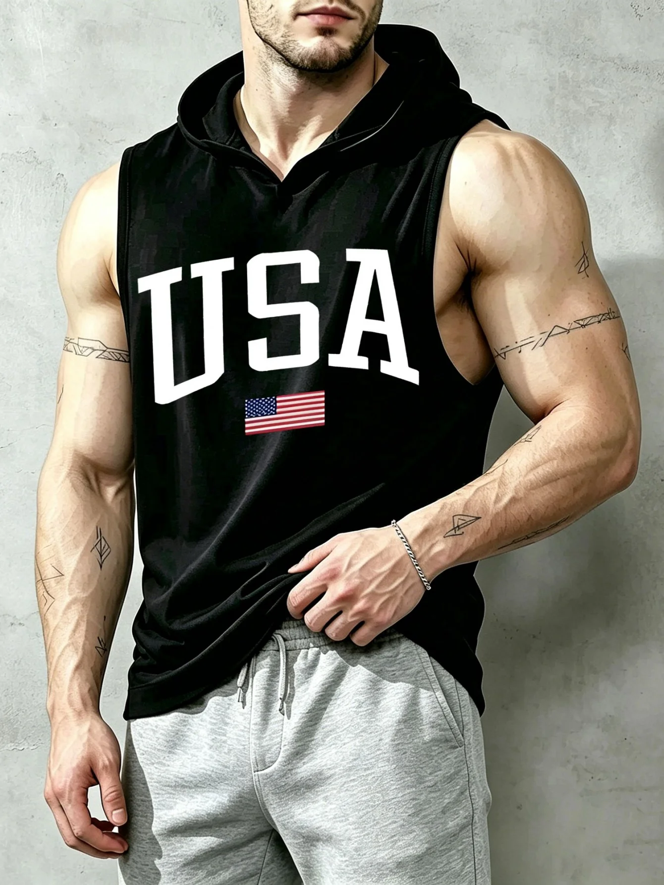 Unisex USA Flag Print Sleeveless Hooded Tank Top Casual Loose Fit Sports Hoodie Vest For Gym Workout Daily Wear