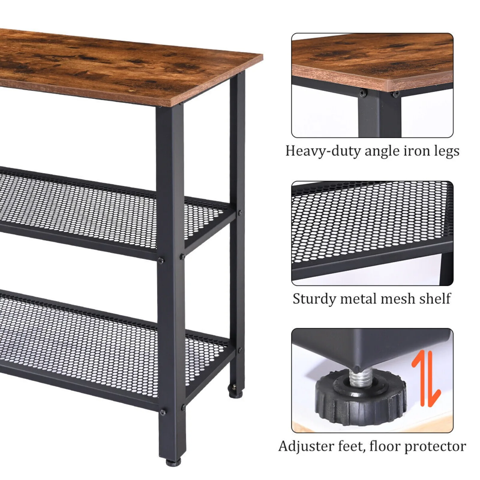 Móveis de corredor metálico com prateleira de armazenamento, mesa de console rústica, industrial, EUA 3 camadas