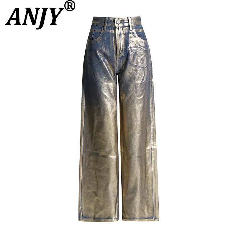 

ANJY Autumn New Wome Punk Trendy Personality Wide Leg Pants Niche Design Gold Stamping High Waisted Versatile Casual Jeans A7188