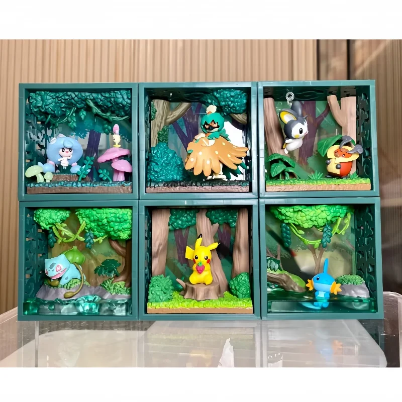 Genuine Re-Ment Pokemon Frame Deep Green Forest Bulbasaur Mudkip Pikachu Emolga&Kricketot Hattrem&Morelull Toy Birthday Gifts