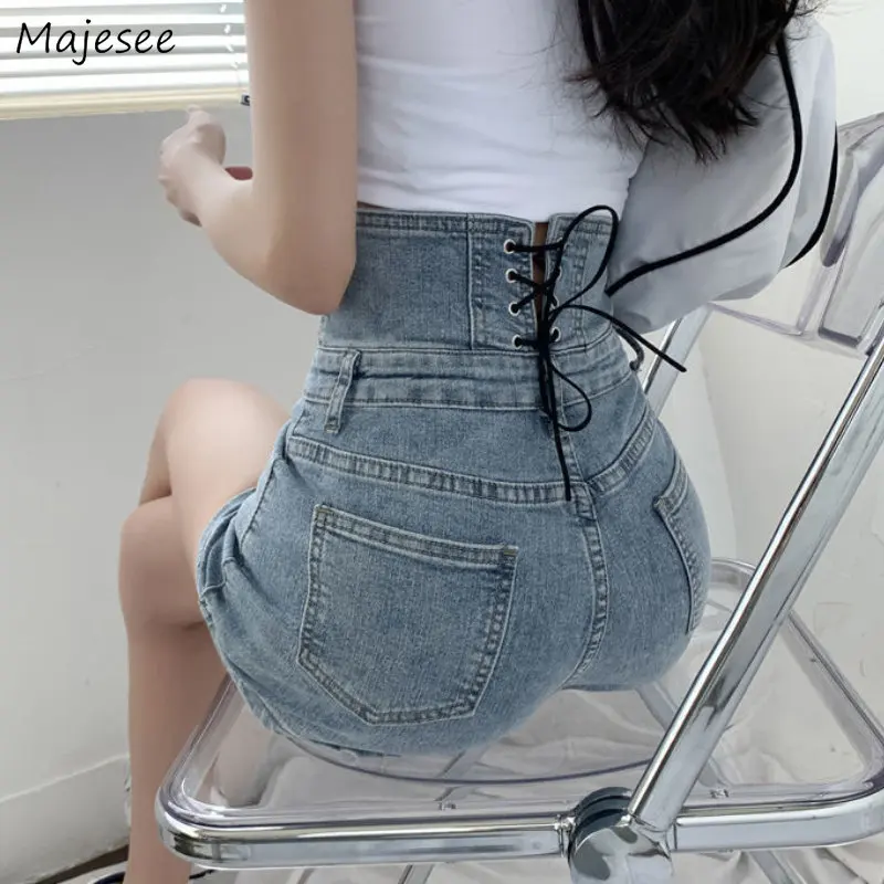 Bandage Shorts Dames Denim Hoge Taille Casual Zomer Koreaanse stijl Mager Studenten Eenvoudig All-match Mode Populair Elegant Chic