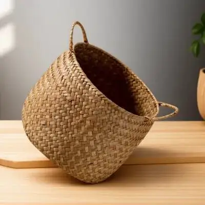 

Rustic Woven Storage Basket Japanese Style Organizer For Cosmetics Flower Arrangement Shelf Decorative Bins Handles