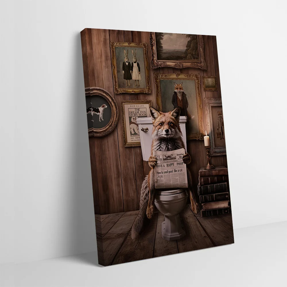 VINTAGE FOX STORYTIME - Reading on Toilet Printing Poster Customizable Pictures Wall Art Canvas Painting for Gamer Decoration
