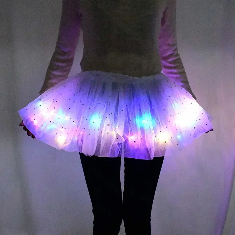 LED Glowing Light Up Girls Tulle Skirt Summer Neon LED Short Tutu Dance Ballet Dancewear for Adult Kids Birthday Gifts