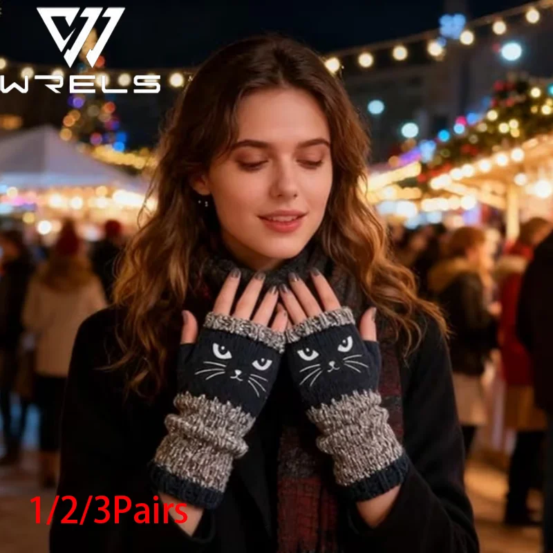 Thermal Warm Gloves Winter Cat Pattern Touchscreen Compatible Fingerless Gloves Casual Durable Non-Slip Driving Sport Gloves