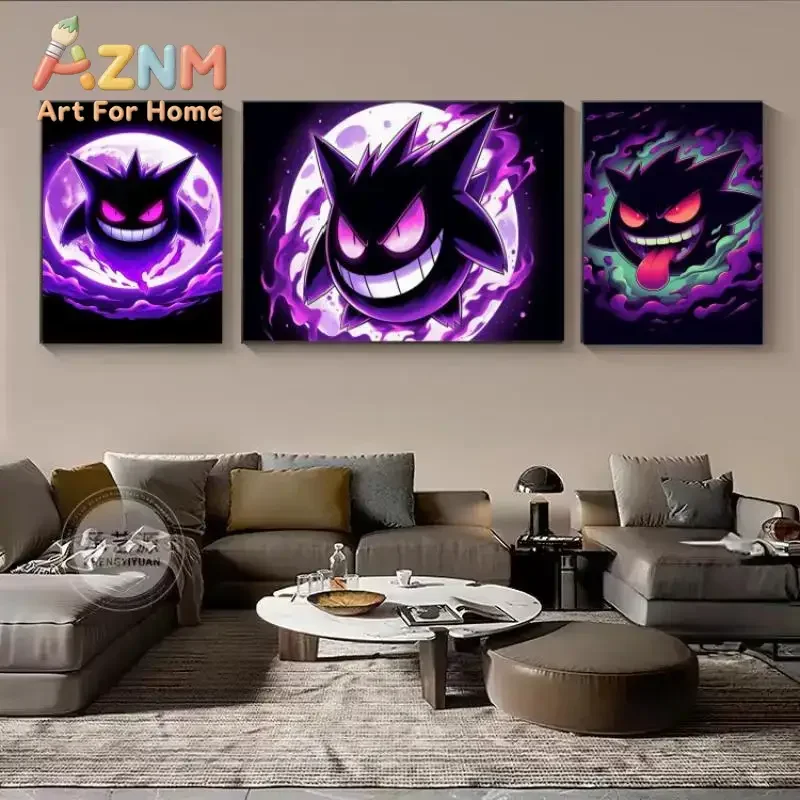 AZNM Gengar Pokemon Anime Canvas Wall Art, Purple Moon Flame Gengar Print Poster, Home Living Room Bedroom Decor Painting