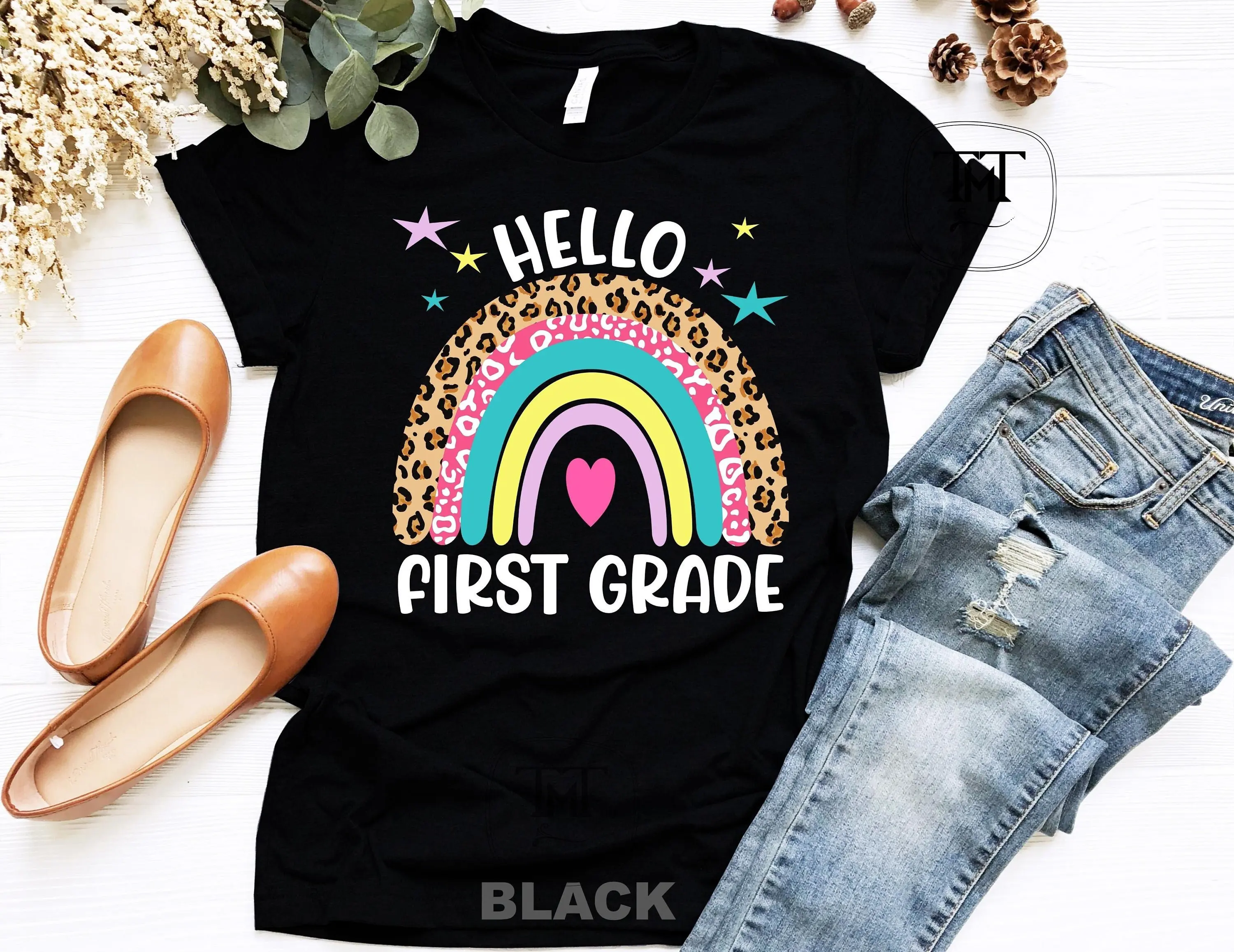 Hello First Grade Leopard Rainbow T Shirt Back To School Vibes Day Of Gift For Teacher Student 1St Team