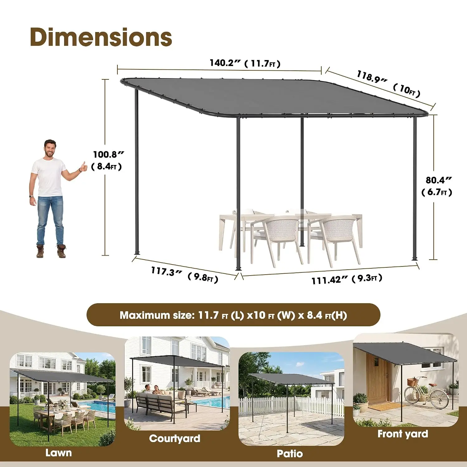 12'x10' Lean to Gazebo Pergola with 3 Types Ground Nails, Gray, Customized