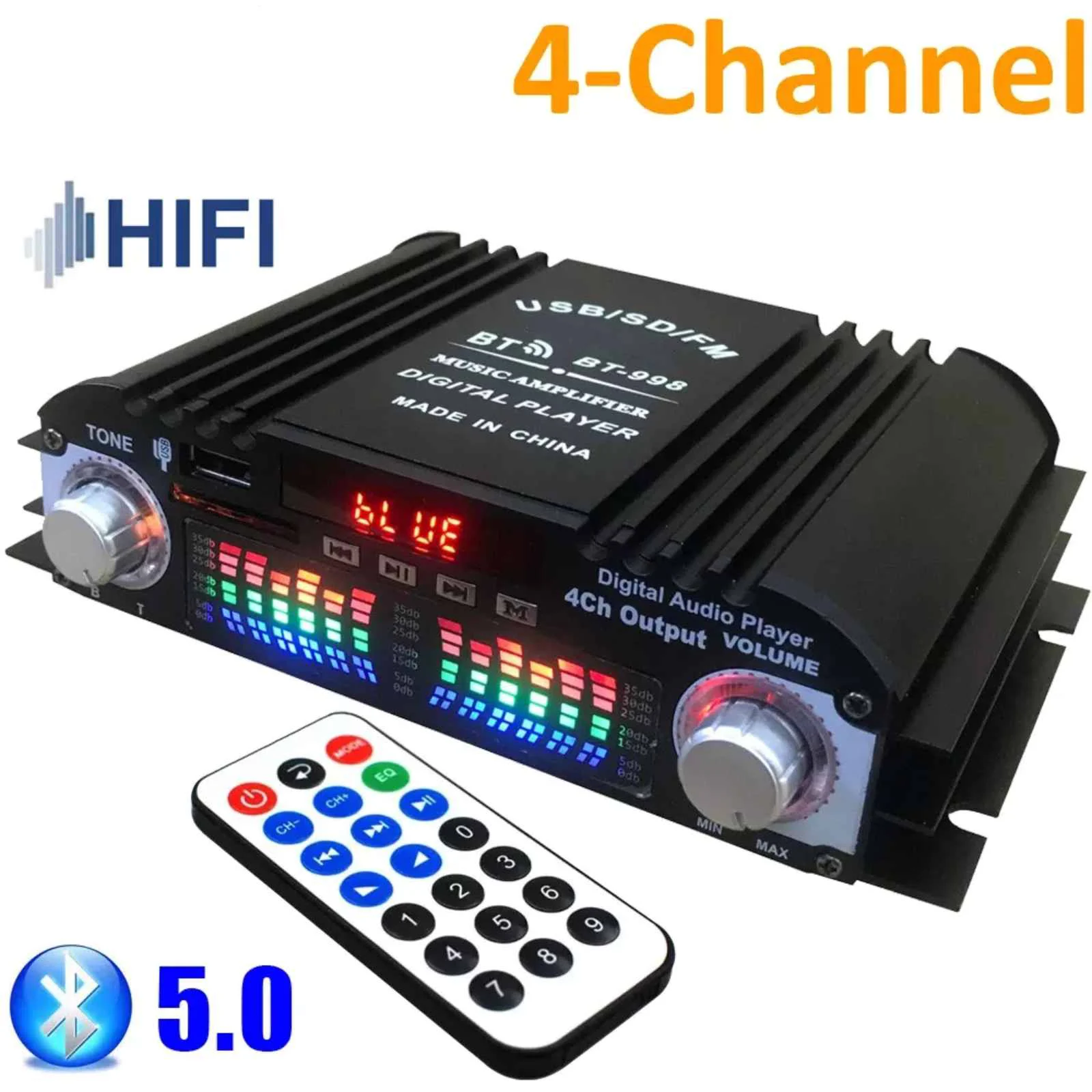 1PC BT-998 4 Channel Car Amplifier 40W x 4 HiFi Stereo Radio FM USB Player Bluetooth 5.0 Aluminum Alloy