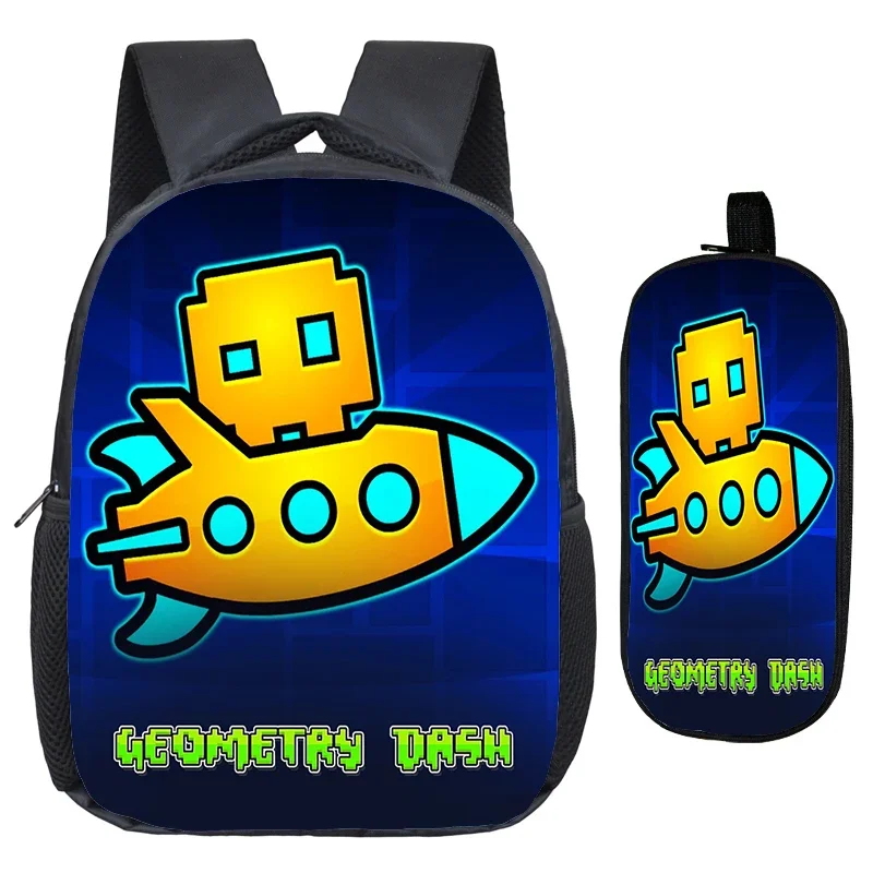 Angry Geometry Dash Backpack 2pcs Set Kids School Bags Kindergarten Backpack for Preschool Boys Girls Cartoon Bookbag Pencil Bag