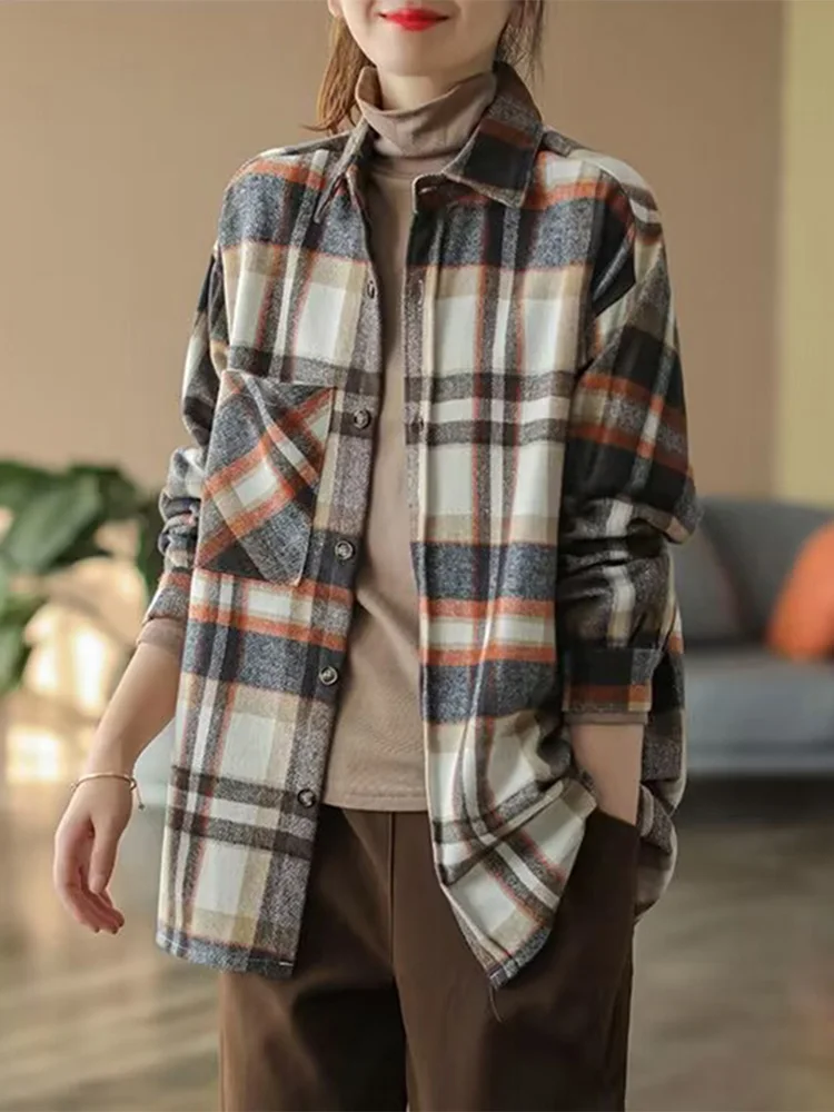 

Women's Pure Cotton Flannel Collar Open Cardigan Loose Casual Plaid irt Jaet Comfortable Breathable Spring Autumn Wear