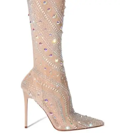 Luxury Women Nude Mesh Bling Crystal Rhinestone Pointed Toe 10 12 CM Thin High Heel Slim Over The Knee Thigh Long Socks Boots