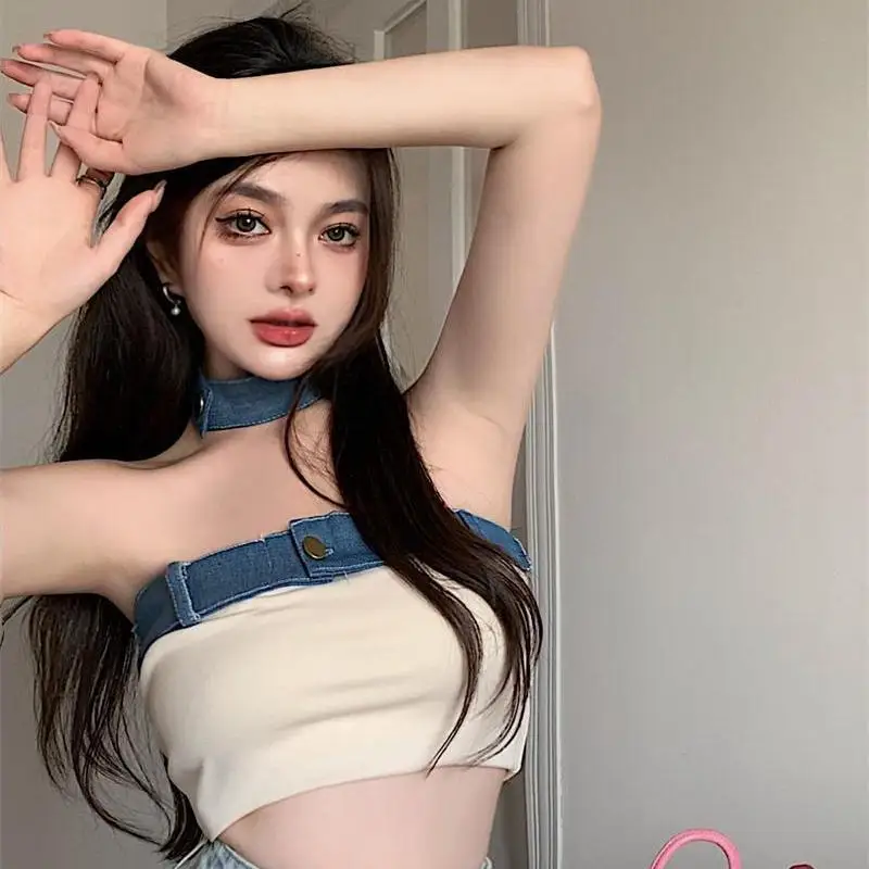 

Crop Top Women Summer Jean Patchwork Contrast Color High Waist Chic Tops Women's Sexy Vintage Elegant Fashion Tank Top