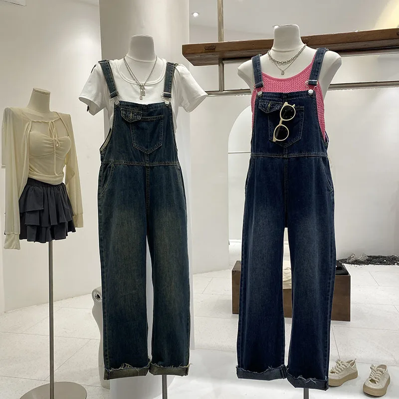 Spring Autumn Denim Jumpsuits Women Loose Solid Chic Big-pockets Sleeveless All-match Student Straight Jumpsuit Trousers Outwear