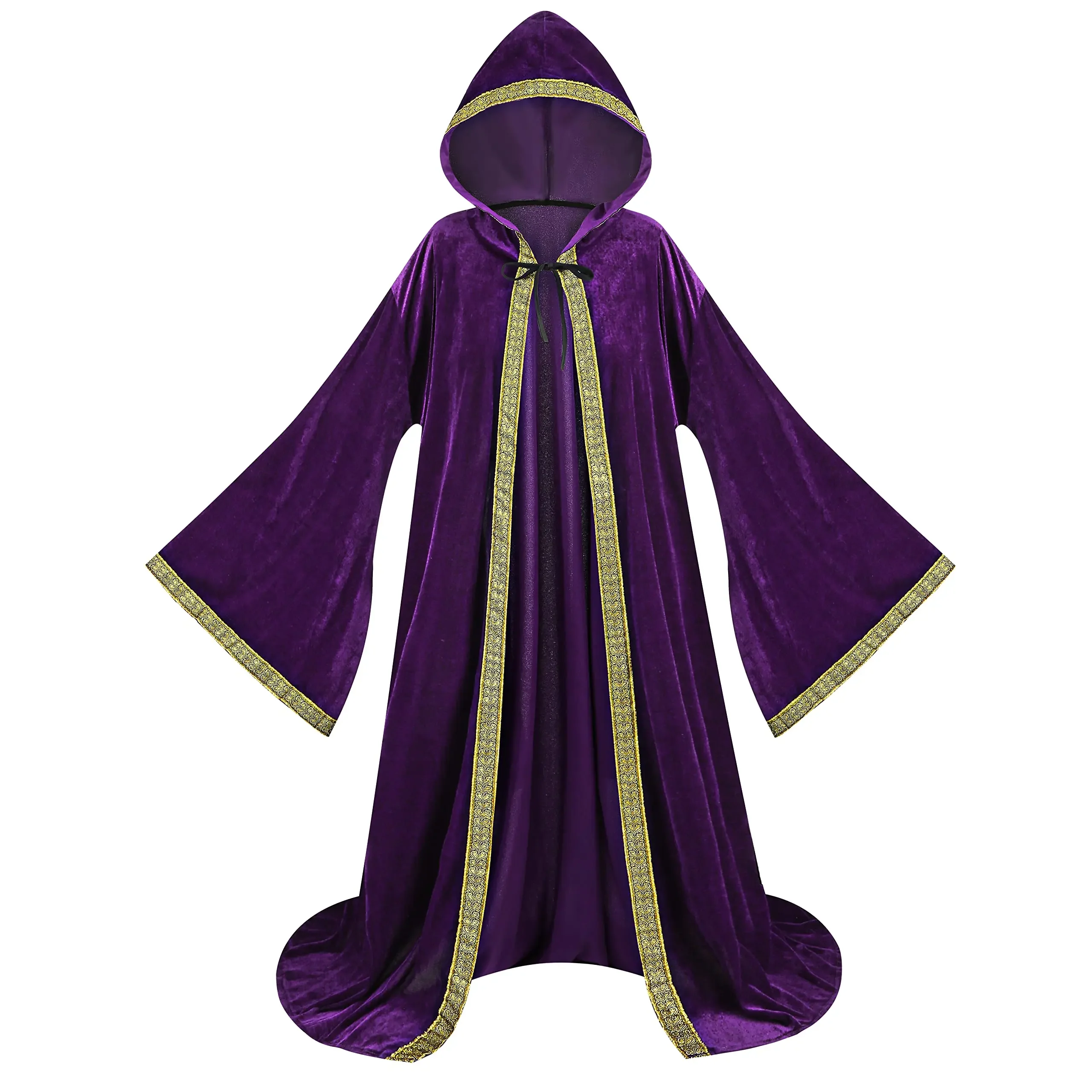 

Unisex Adult Halloween Hooded Cloaks Full Length Wide Sleeve Velvet Cape Gold Eddg Wizard Robe Cape Men Women Christmas Costume