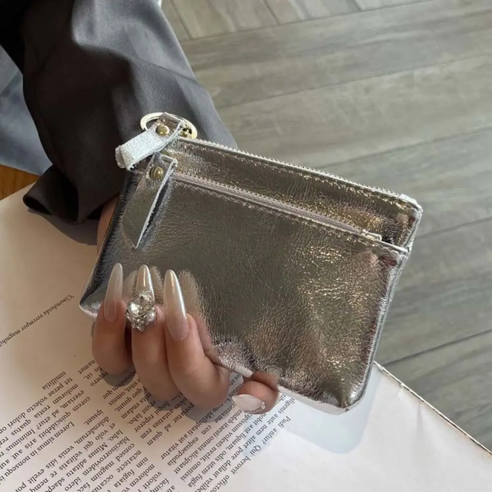 

Portable Genuine Leather Silver Wallet Solid Color Mini Zipper Coin Purse Korean Style Earphone Pouch Small Item Bag Travel
