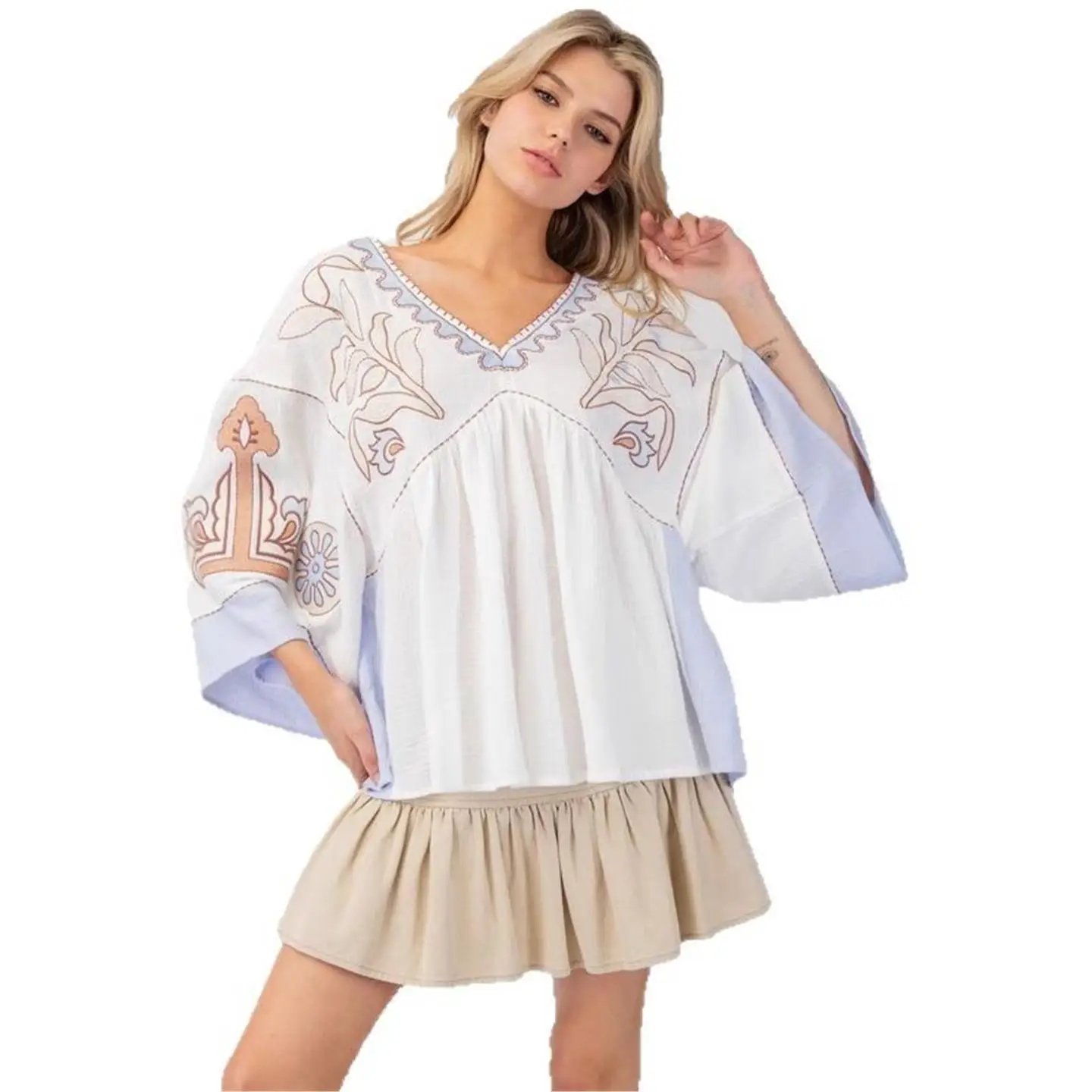 Printemps été nouveau femmes v-ne épissure cloche Sve T-shirt couleur Blo haut ample décontracté européen Sle Seven Sve Long T-s...