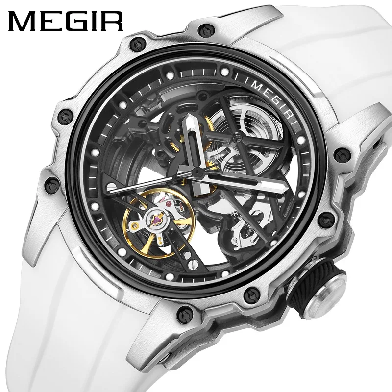 MEGIR Skeleton Dial Automatic Mechanical Watch Men Stainless Steel Case Waterproof Luminous Sport Wristwatch Silicone Strap